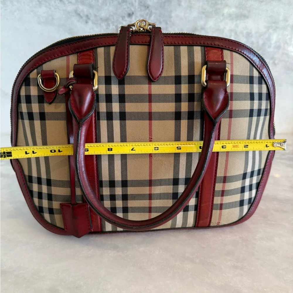 BURBERRY Vintage Haymarket Check Satchel with Red Leather Trim Handbag - Picture 14 of 17